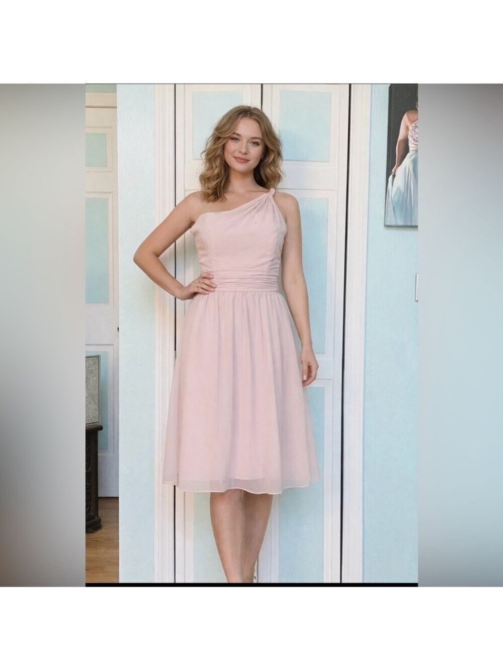Size 12 Short One Shoulder Bridesmaids Rum Pink Dusty Rose Camel Dress NWT